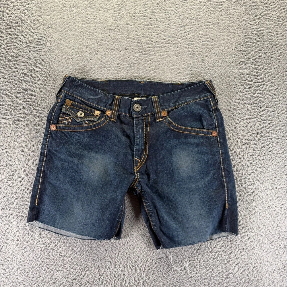 Vintage True Religion Cut Off Shorts Mens 34 Blue Cotton Denim Bermuda USA